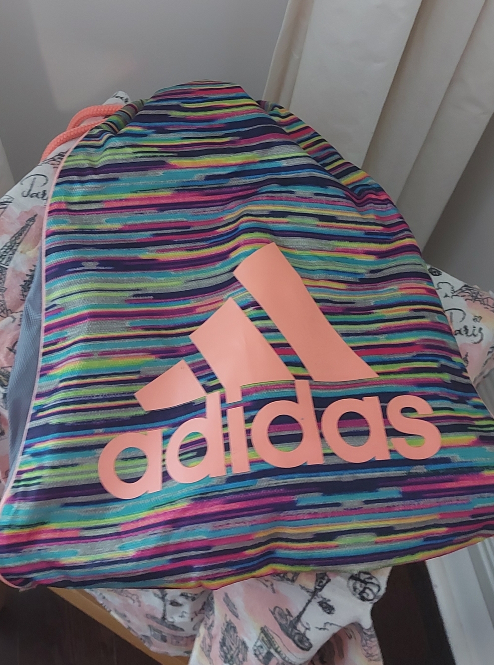 adidas Striped Drawstring Backpack with Coral Logo